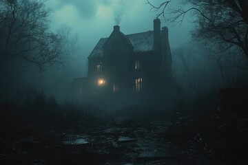 A mysterious, haunted house with flickering lights and spooky shadows, where every corner holds a secret and the wind seems to whisper eerie tales of the past.