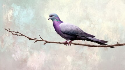 Fototapeta premium Purple dove perched on branch, pastel background, nature art, print