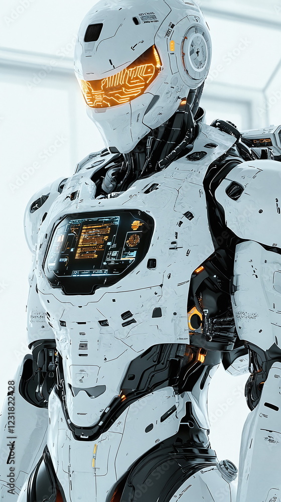 Poster advanced humanoid robot in futuristic setting with intricate detailing, glowing elements, and high-t