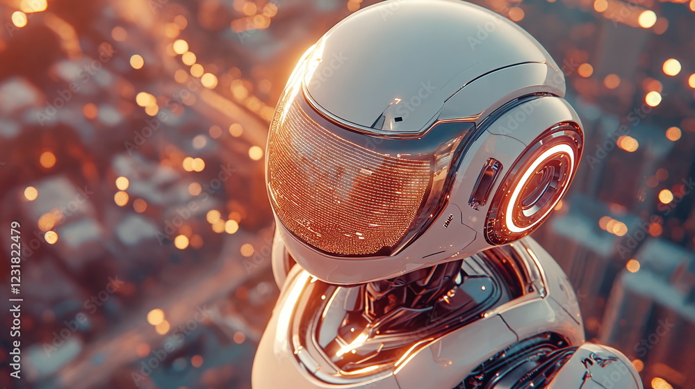 Aufkleber futuristic robot standing on a city rooftop with glowing lights in the background and a sleek metall