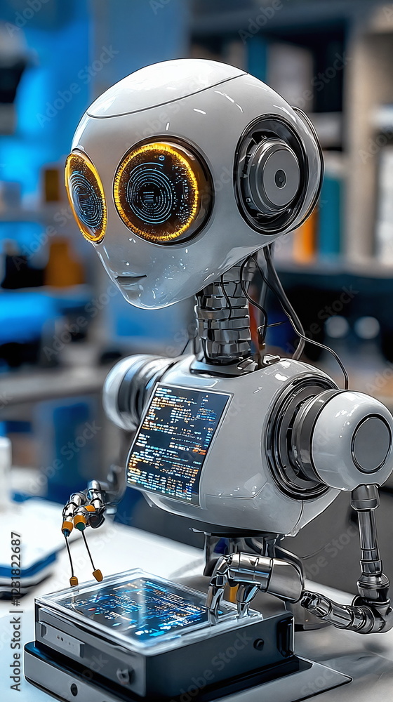Aufkleber futuristic robotic figure with illuminated eyes interacting with a touchscreen device in a modern te