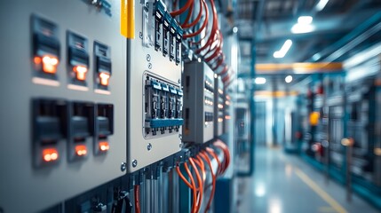 A large electrical panel with many switches and outlets. The switches are yellow and the outlets are grey