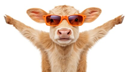 Cow raising its arms with a curious look and orange sunglasses on a white background