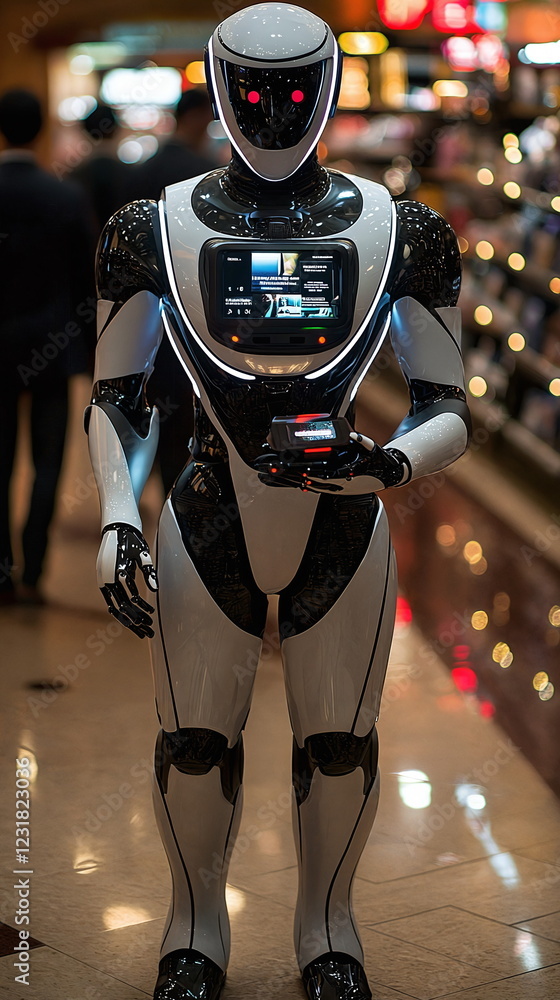Poster humanoid robot standing in a brightly lit indoor environment surrounded by various colorful displays