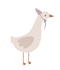 Goose with hat. Birthday goose vector hand drawn illustration. Goose celebrate happy Birthday. Kids, baby, children cartoon illustration