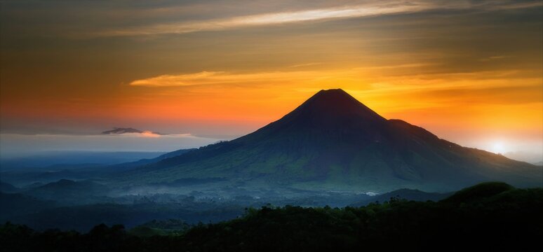 merapi mountain panoramic view at dusk