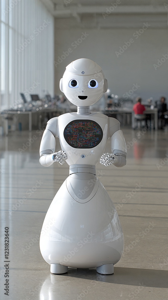 Aufkleber friendly robot standing in a modern indoor environment with bright lighting and people working in th