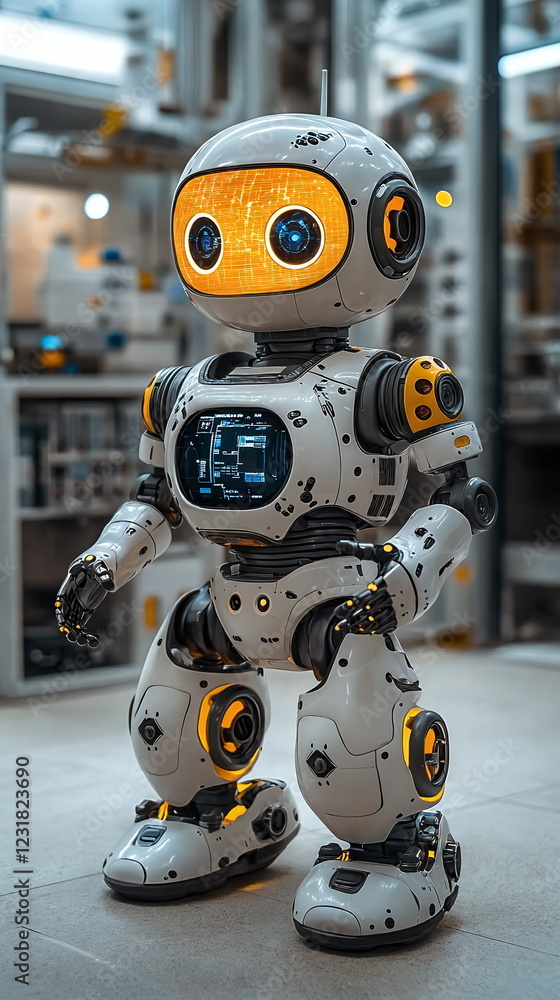 Poster friendly robot standing in a modern industrial environment with glowing features and a digital scree