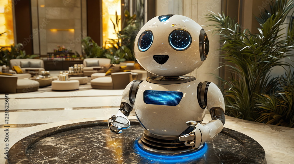 Poster cute robot sitting on a marble surface in a modern indoor setting surrounded by plush seating and gr