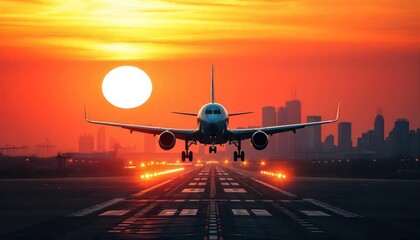 Airplane taking off at sunset with a city skyline in the background