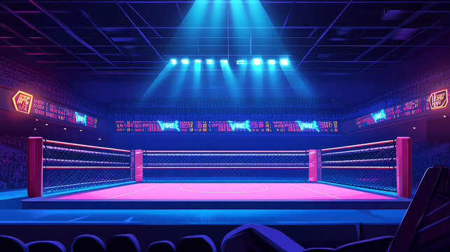 Cartoon mma ring illuminated with neon lights. Vector illustration of arena with ropes for sports competition, wrestling match, night show. Empty seats, blank score screens. Betting app background