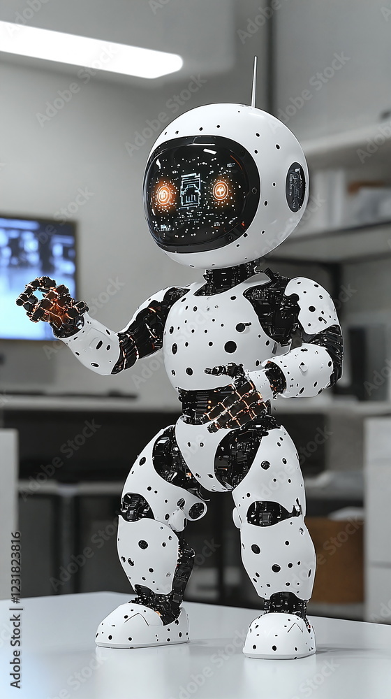 Aufkleber cute robot standing on a table with glowing eyes and intricate design in a modern indoor setting, em