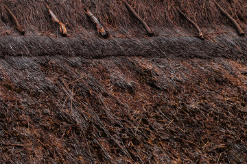 Close-up of a traditional thatched roof with natural wooden fasteners