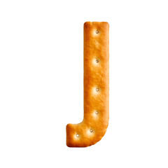 Letter J looks like a golden-brown cracker with a baked texture and small perforations. Its lightly toasted surface gives it a crispy, edible feel, perfect for food-inspired typography and design.