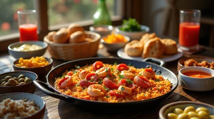 Celebration of flavors at a rustic Spanish family meal on a wooden table