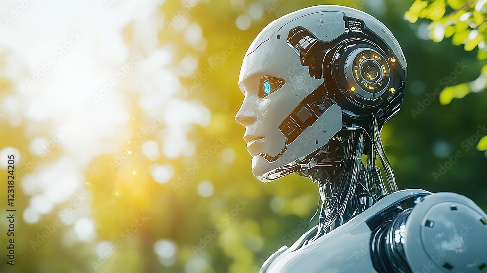 Aufkleber robot standing amidst a natural background with sunlight filtering through trees, featuring sleek me