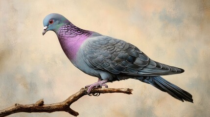 Obraz premium Purple pigeon perched on branch, textured background, nature photography, website design