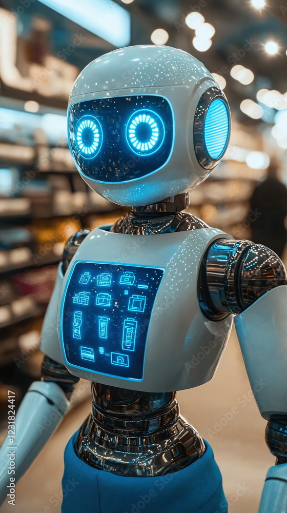 Aufkleber robot with glowing blue eyes and futuristic features in a modern retail environment showcasing advan