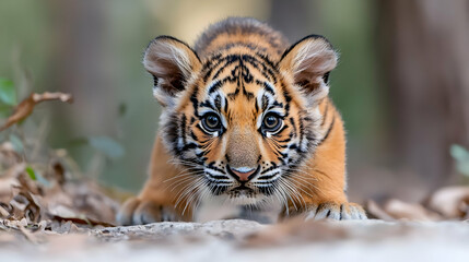Obraz premium Cute tiger cub, forest habitat, wildlife, nature background, conservation poster