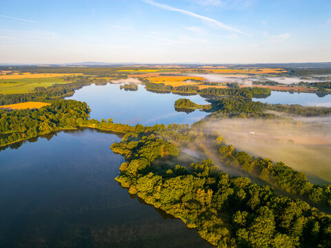 A tranquil hazy morning envelops Rozmberk Pond near Trebon, Czechia, as mist rises from the calm water. Lush greenery outlines the pond, providing a serene escape into nature's beauty.
