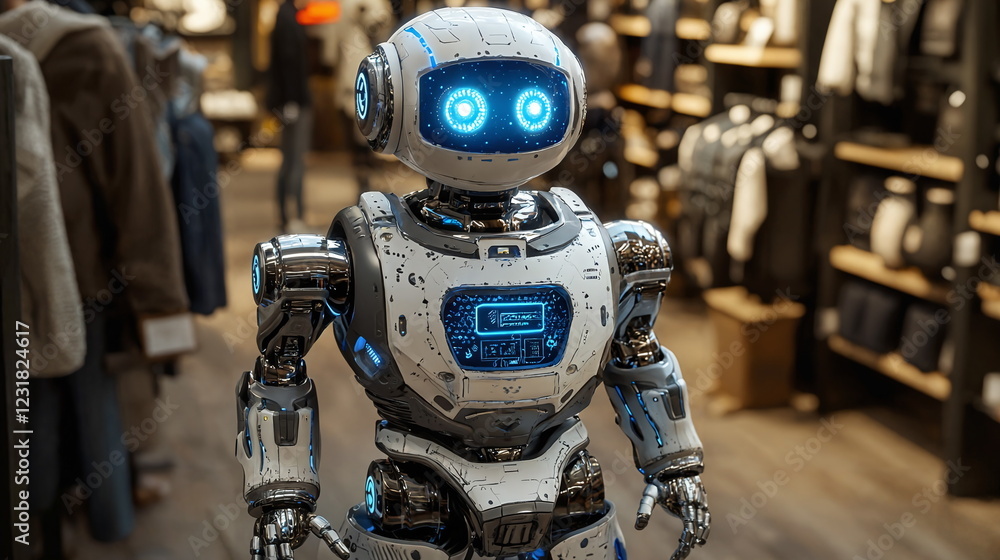 Aufkleber robot standing in a modern retail store showcasing various items on shelves with a futuristic design
