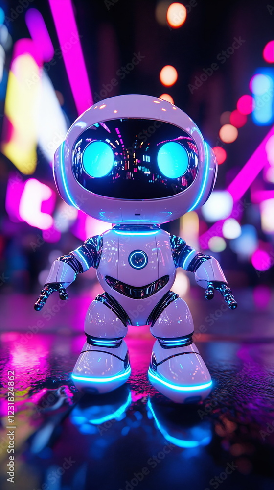 Aufkleber glowing robot toy in vibrant neon colors standing in an urban environment with reflections and color