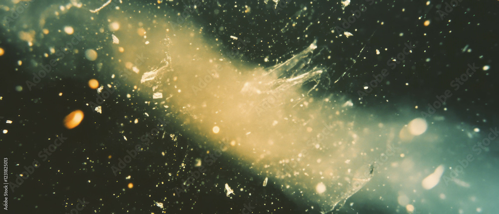 Poster Broken glass texture with dust and debris creating abstract patterns against a black background