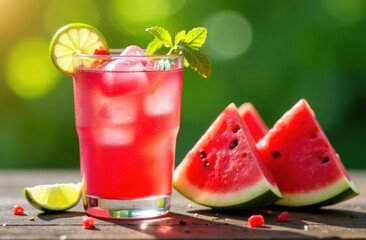 A refreshing summer drink made from watermelon against the backdrop of a summer day.