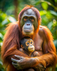 Naklejka premium A mother orangutan holds her baby close in a lush, green environment, showcasing their bond and the beauty of wildlife.
