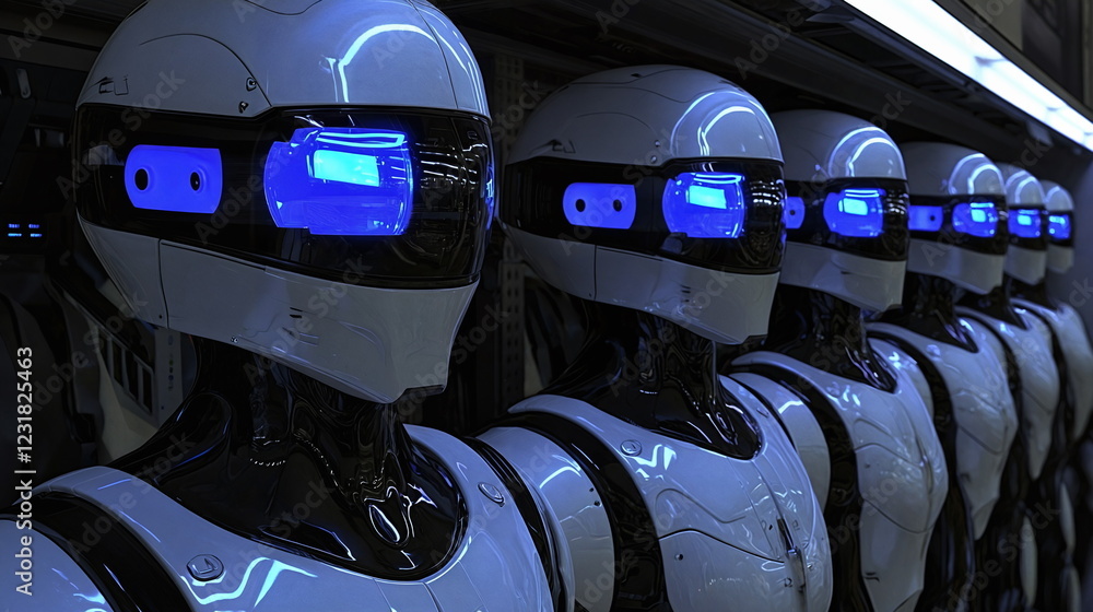 Aufkleber robots with futuristic designs lined up in a dark corridor illuminated by blue lights, showcasing ad