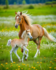 A mare and her foal gracefully run through a vibrant, green field filled with wildflowers under a clear blue sky.