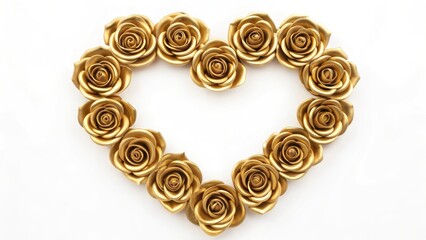 heart-shaped arrangement of golden roses, symbolizing love and luxury on a white background