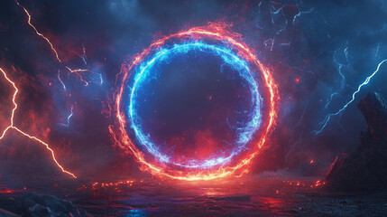 Obraz premium Round energy portal with lightnings. Circle electric frames with neon glow and discharges in angle view. Blue, red and purple electric rings isolated on transparent background, vector realistic set