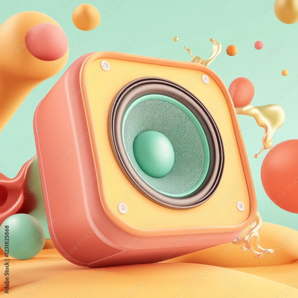 Poster vibrant pastel speaker in abstract 3d render modern music audio design with colorful splashes