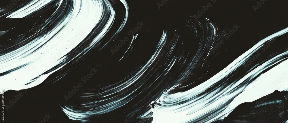 Poster brushstrokes with curved textures create a dynamic overlay on black background