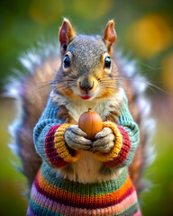 Obraz premium A cute squirrel wearing a colorful sweater holds an acorn, showcasing a whimsical and playful scene in nature.