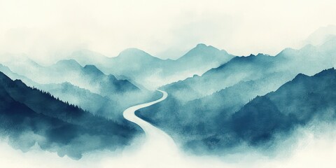 Serene Watercolor Landscape Featuring Misty Mountains and Winding River