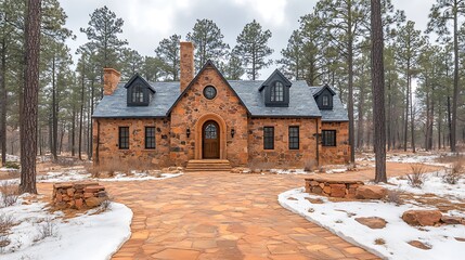 A quaint chapel nestled among tall pine trees under a pastel morning sky