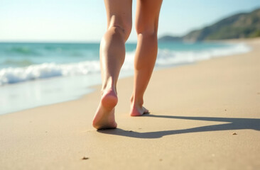 Close-up woman legs walking on sand along seashore. summer vacation concept.