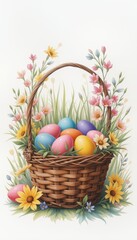 Fototapeta premium Vibrant basket filled with colorful Easter eggs and surrounded by beautiful flowers on a white background
