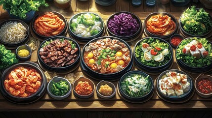 Fototapeta premium Table filled with an assortment of colorful Korean side dishes, kimchi, and sizzling barbecue, vibrant display 