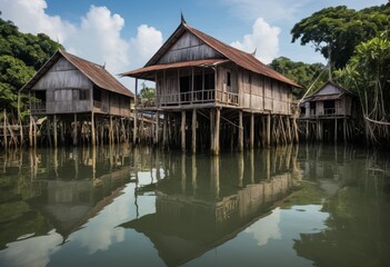 Obraz premium Serene Stilt Houses Reflecting on Calm Waters: Picturesque Asian Village Scene
