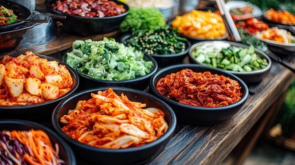 Obraz premium Table filled with an assortment of colorful Korean side dishes, kimchi, and sizzling barbecue, vibrant display 