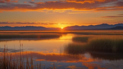 Fototapeta premium Scenic Sunset Landscape View Over a Sea with Mountains in the Background