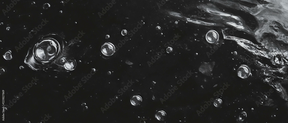 Poster bubbles overlay create dynamic texture against dark background for visual interest and depth