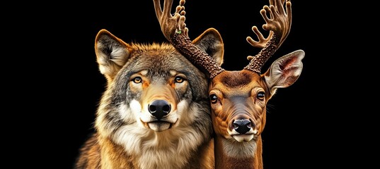 Fototapeta premium Wildlife Portrait, Wolf and Deer with Intertwined Antlers, Isolated on Black Background