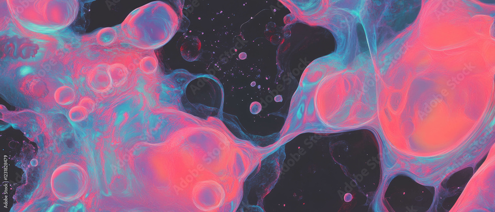 Poster complex patterns created by overlapping bubbles on a deep black background