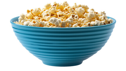 A blue bowl filled with fluffy, freshly popped popcorn, isolated on a transparent background. Great for snack, movie, and food-related visuals.
