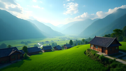 Fototapeta premium Tranquil green village in misty mountain valley
