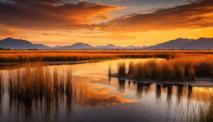 Fototapeta premium Beautiful sunset over a tranquil lake landscape with reeds wallpaper background